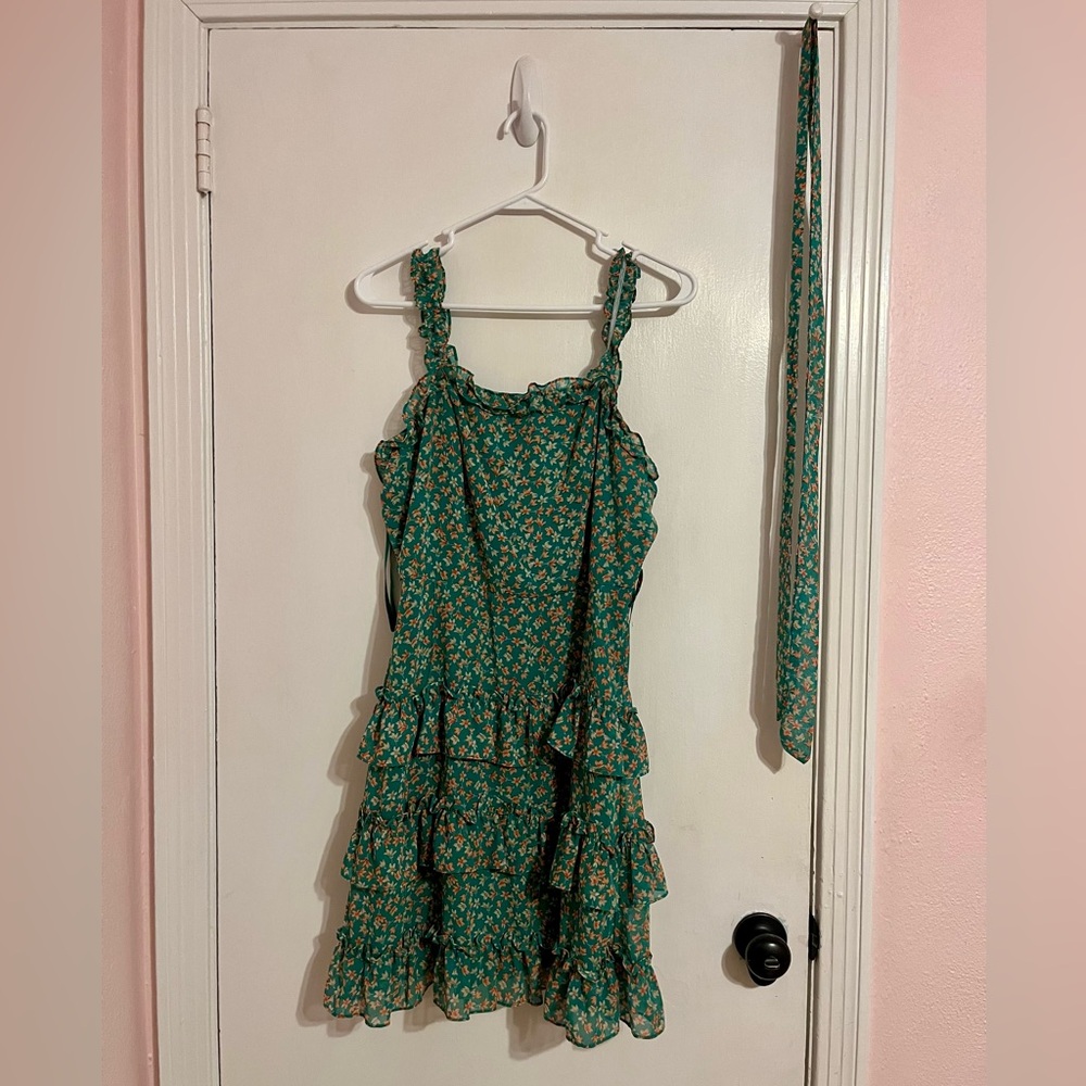 She + Sky Teal Floral Ruffle Midi Dress